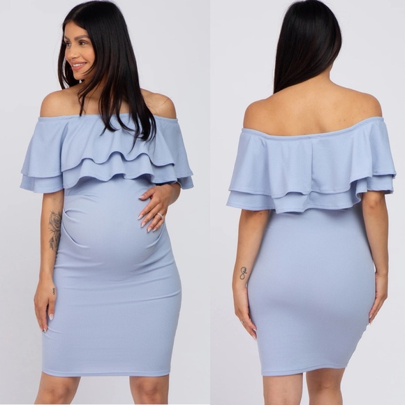Pinkblush Light Blue Ruffle Off Shoulder Ruched Maternity Mini Dress - Picture 2 of 12